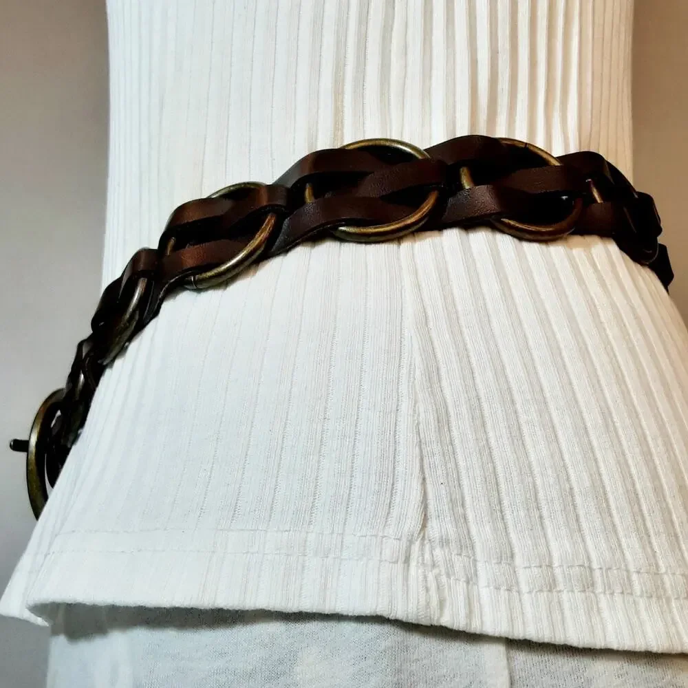 💎Unisex Dark Brown Faux Leather Belt L Antique Brass Rings Multi Strap Design